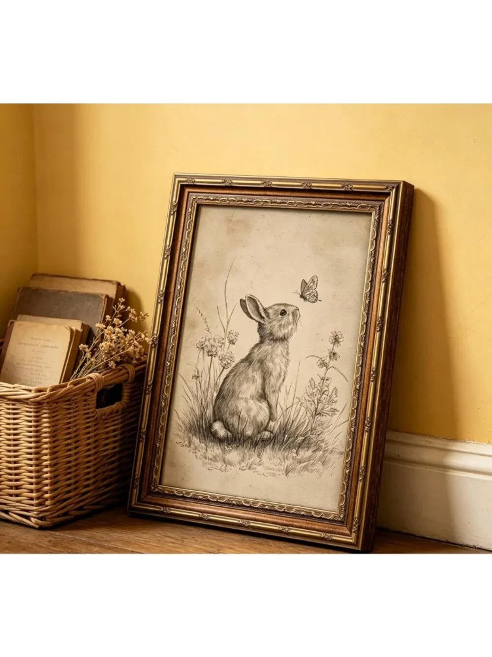 Vintage Gold Framed Bunny Wall Art | Easter Rabbit & Butterfly Canvas Print for